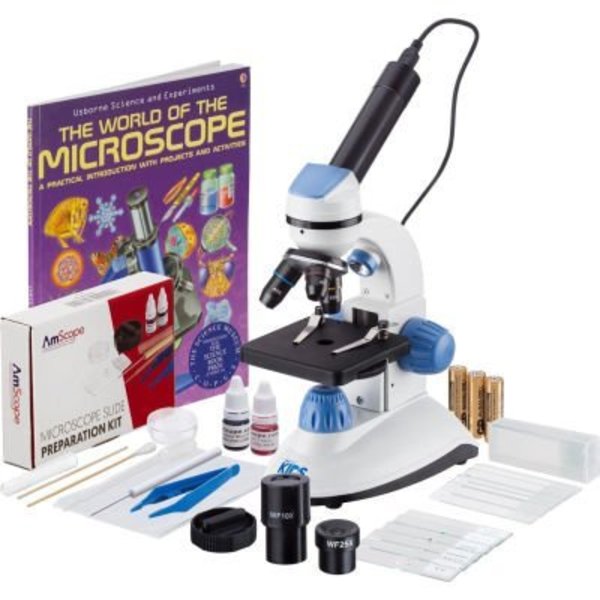 United Scope. AmScope IQCrew 40X-1000X Dual Illumination Microscope, 5MP Digital Eyepiece, Slide Prep & Book, Blue M50C-B14-WM-E5